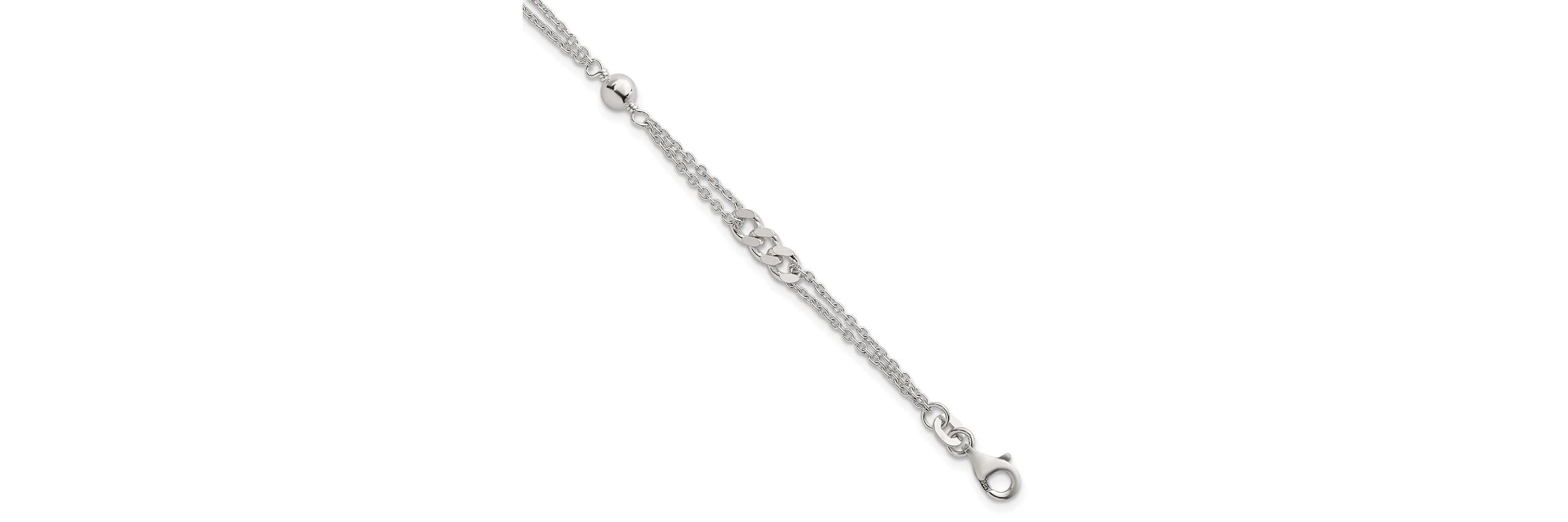 Sterling Silver Polished and Beaded Fancy 2-Strand Link 7.25-inch Bracelet