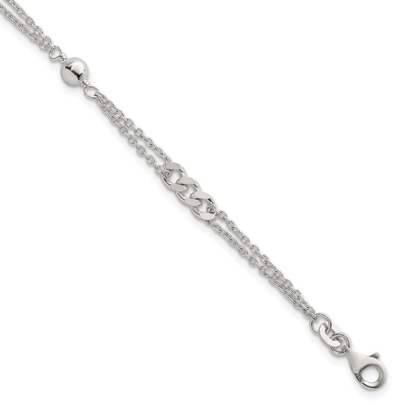 Sterling Silver Polished and Beaded Fancy 2-Strand Link 7.25-inch Bracelet