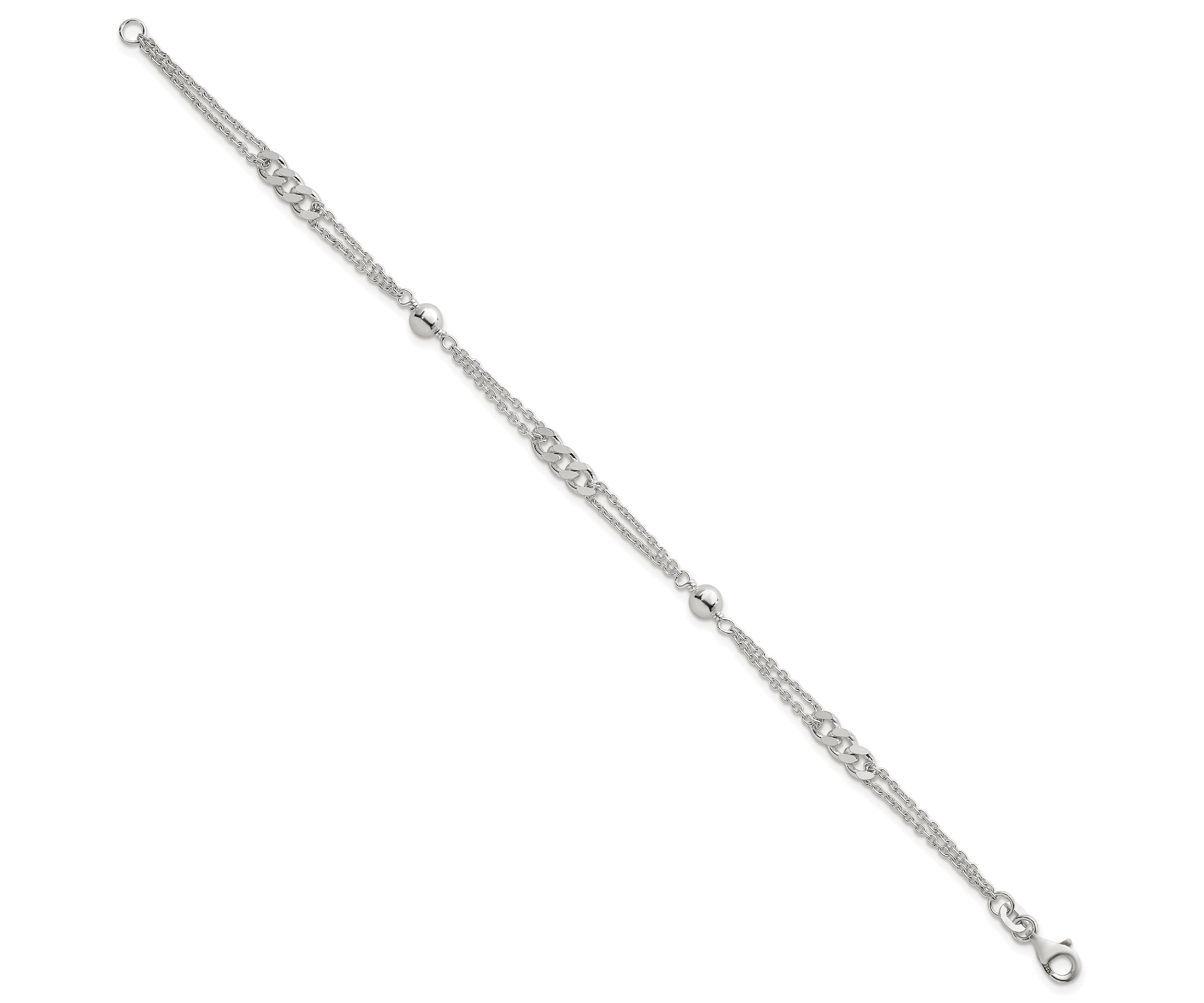 Sterling Silver Polished and Beaded Fancy 2-Strand Link 7.25-inch Bracelet