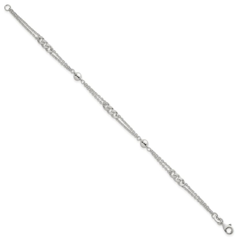 Sterling Silver Polished and Beaded Fancy 2-Strand Link 7.25-inch Bracelet