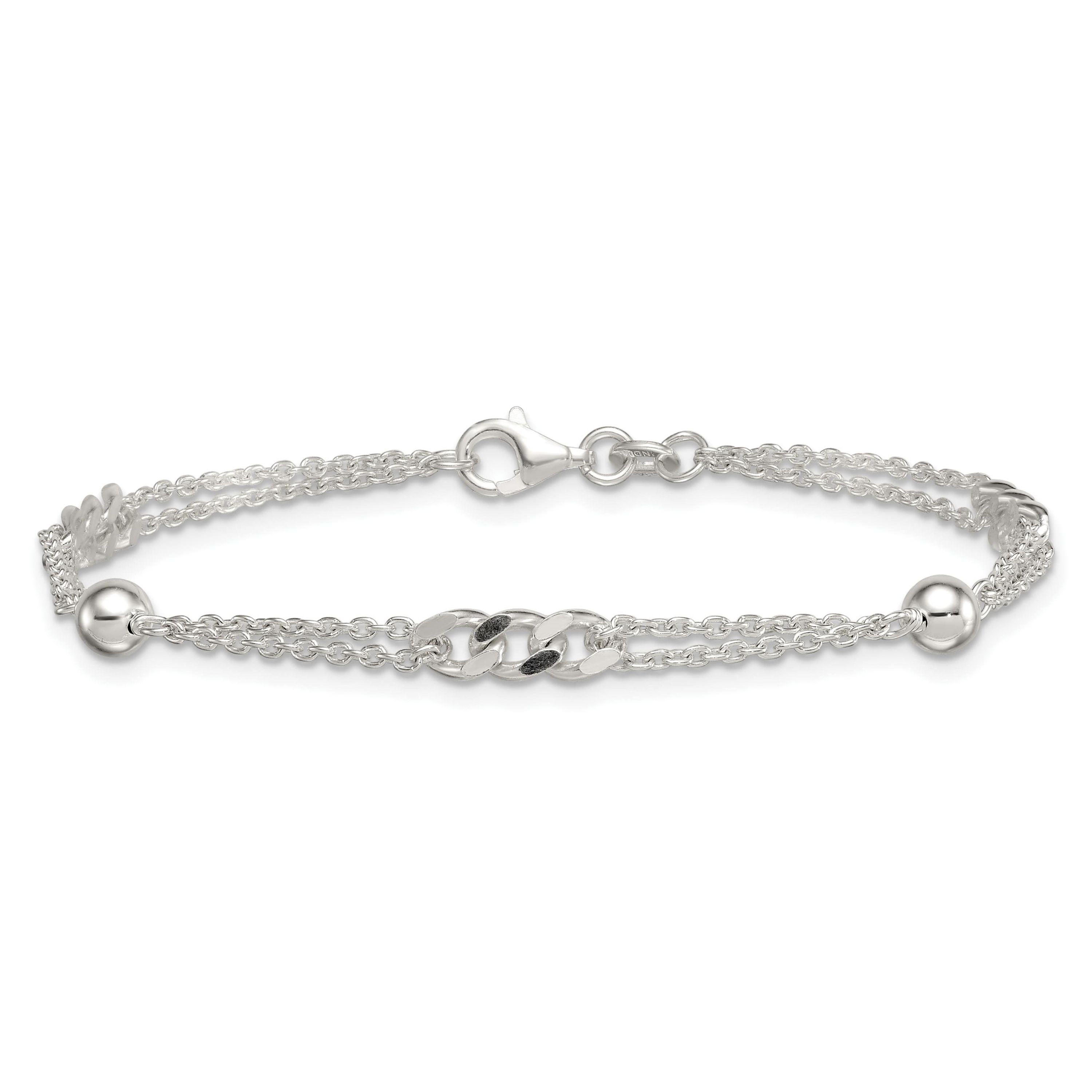 Sterling Silver Polished and Beaded Fancy 2-Strand Link 7.25-inch Bracelet