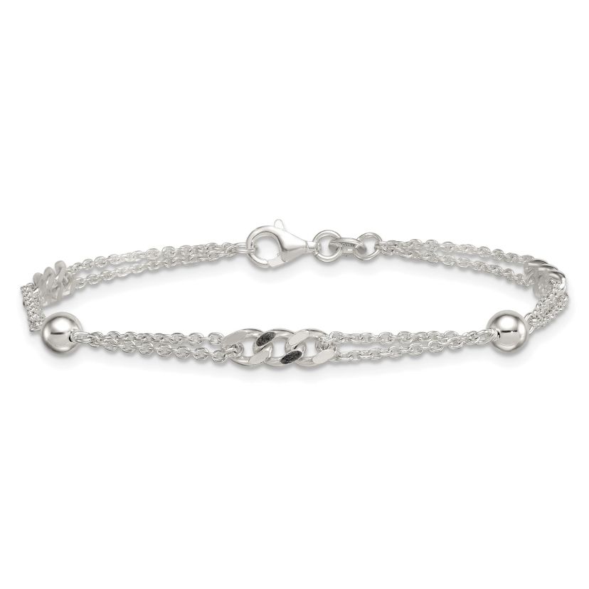 Sterling Silver Polished and Beaded Fancy 2-Strand Link 7.25-inch Bracelet