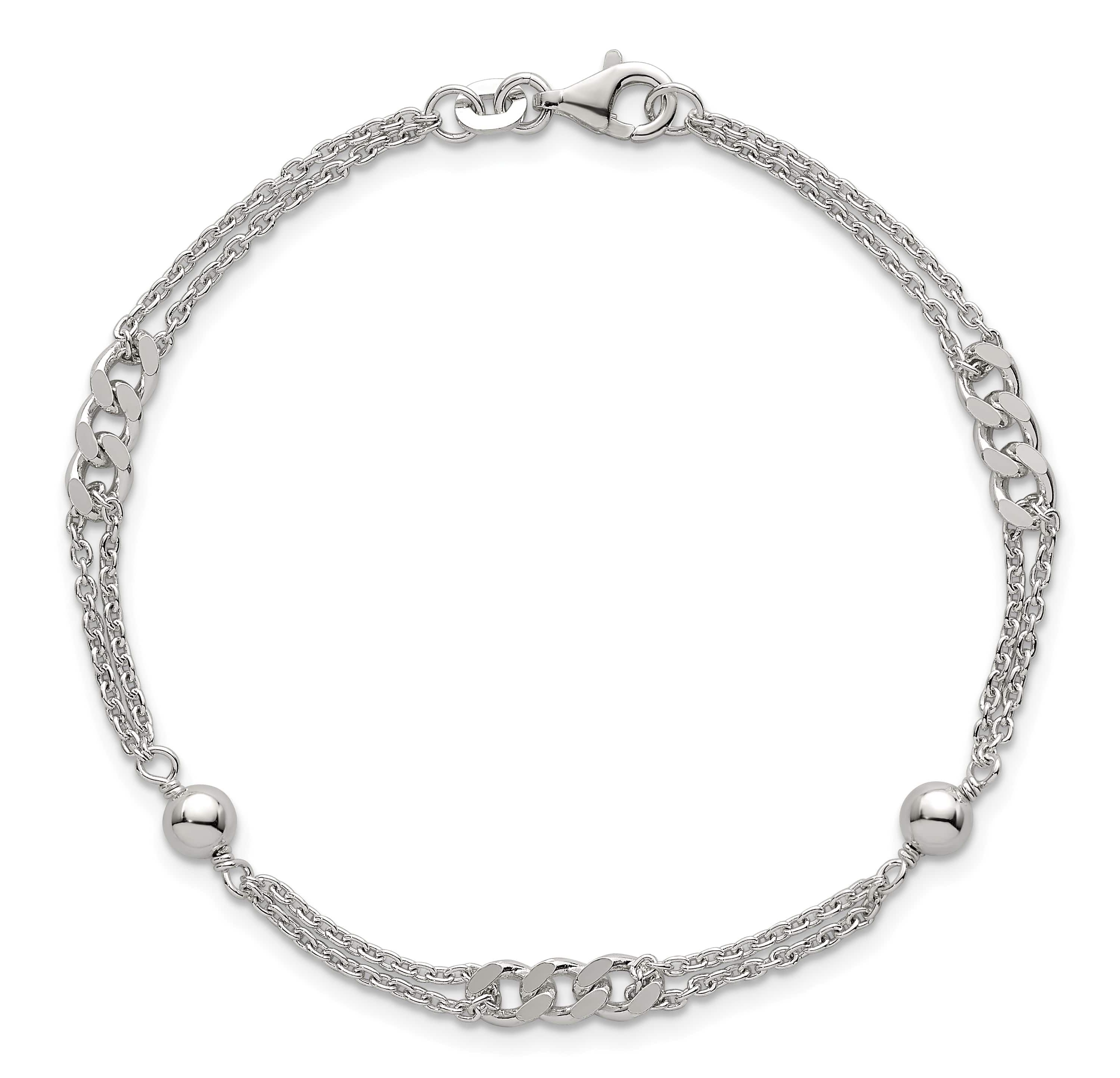 Sterling Silver Polished and Beaded Fancy 2-Strand Link 7.25-inch Bracelet