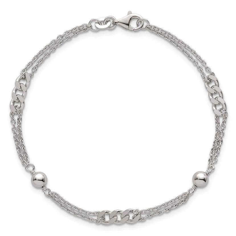 Sterling Silver Polished and Beaded Fancy 2-Strand Link 7.25-inch Bracelet