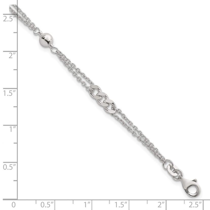 Sterling Silver Polished and Beaded Fancy 2-Strand Link 7.25-inch Bracelet