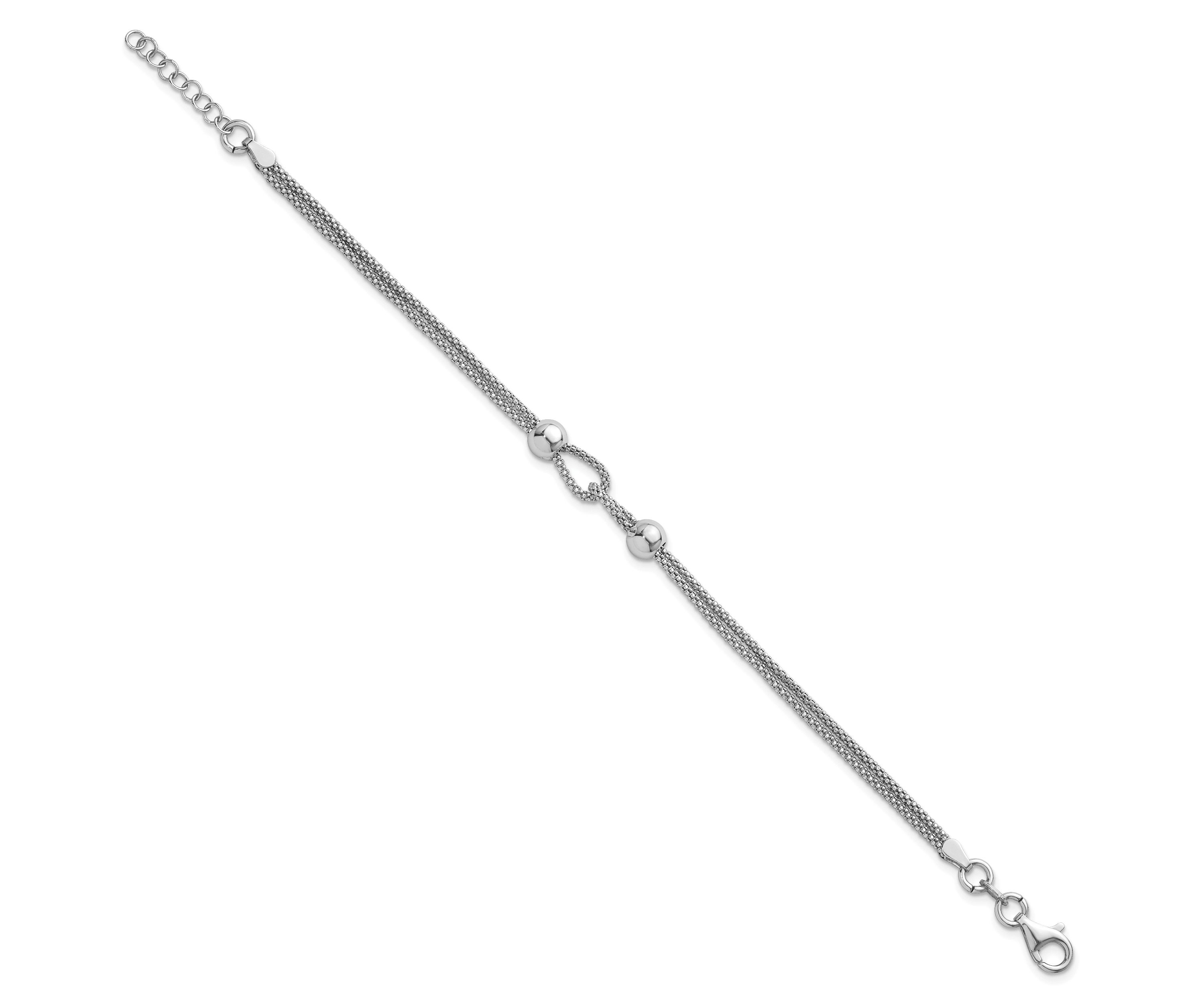 Sterling Silver Rhodium-plated Polished Beads 2 Strand 7-inch with 0.75-inch Extender Bracelet