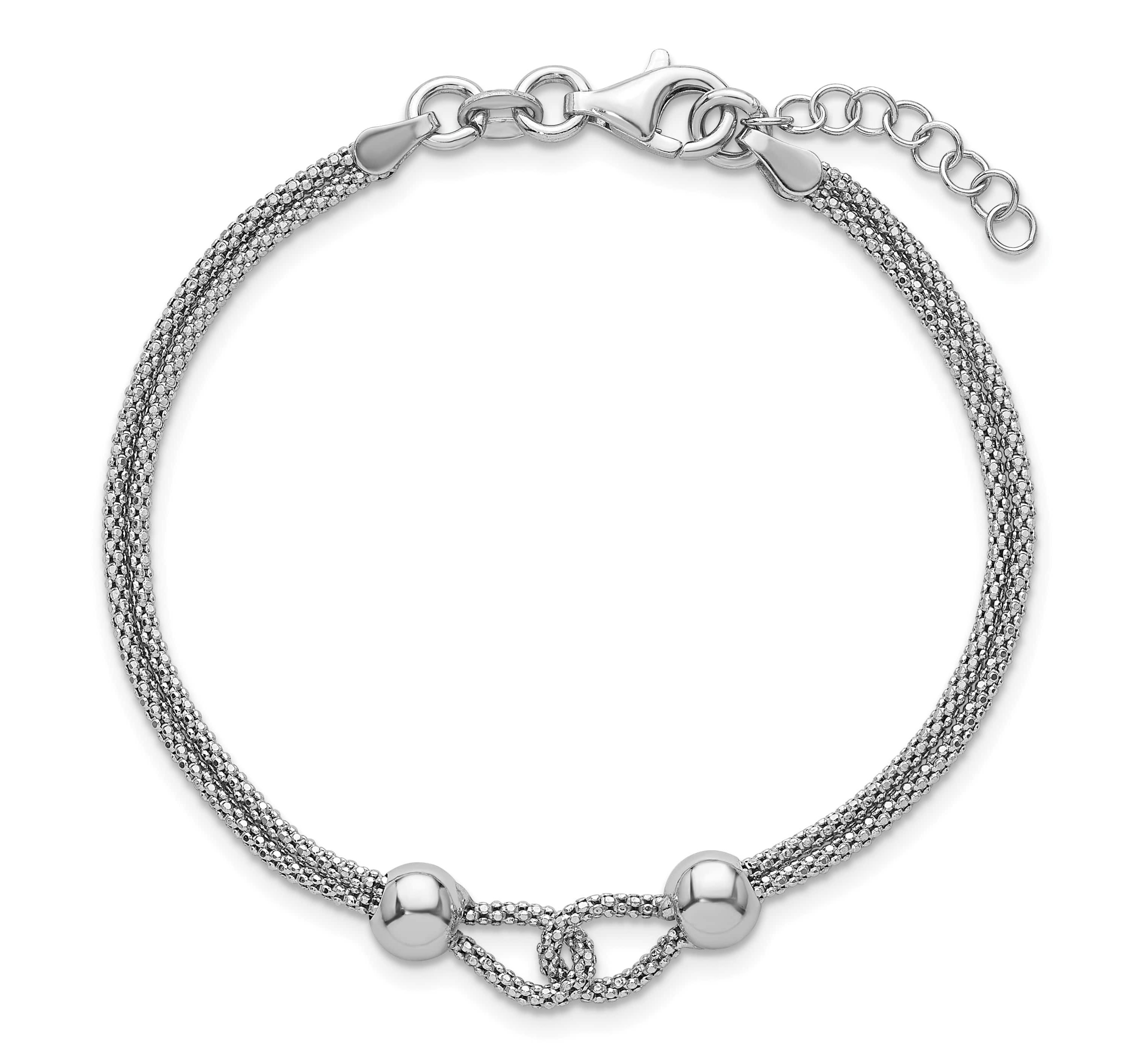 Sterling Silver Rhodium-plated Polished Beads 2 Strand 7-inch with 0.75-inch Extender Bracelet
