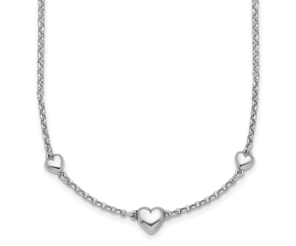 Sterling Silver Rhodium-plated Polished 3 Hearts 16-inch with 2-inch Extension Necklace
