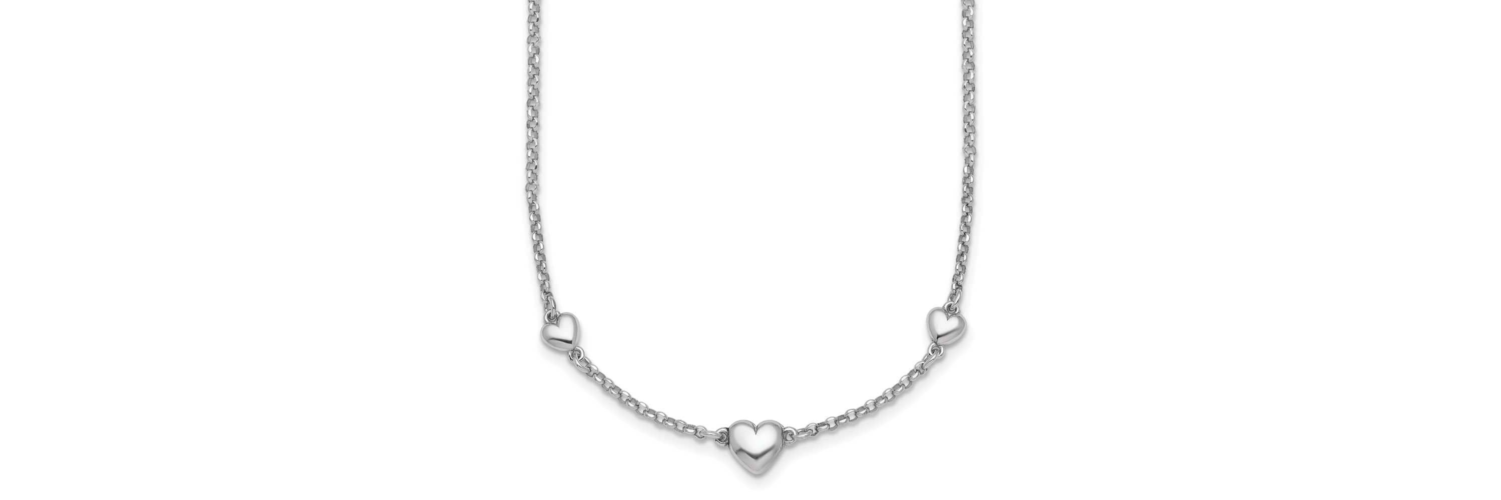 Sterling Silver Rhodium-plated Polished 3 Hearts 16-inch with 2-inch Extension Necklace