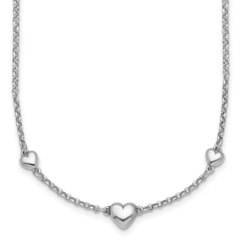 Sterling Silver Rhodium-plated Polished 3 Hearts 16-inch with 2-inch Extension Necklace