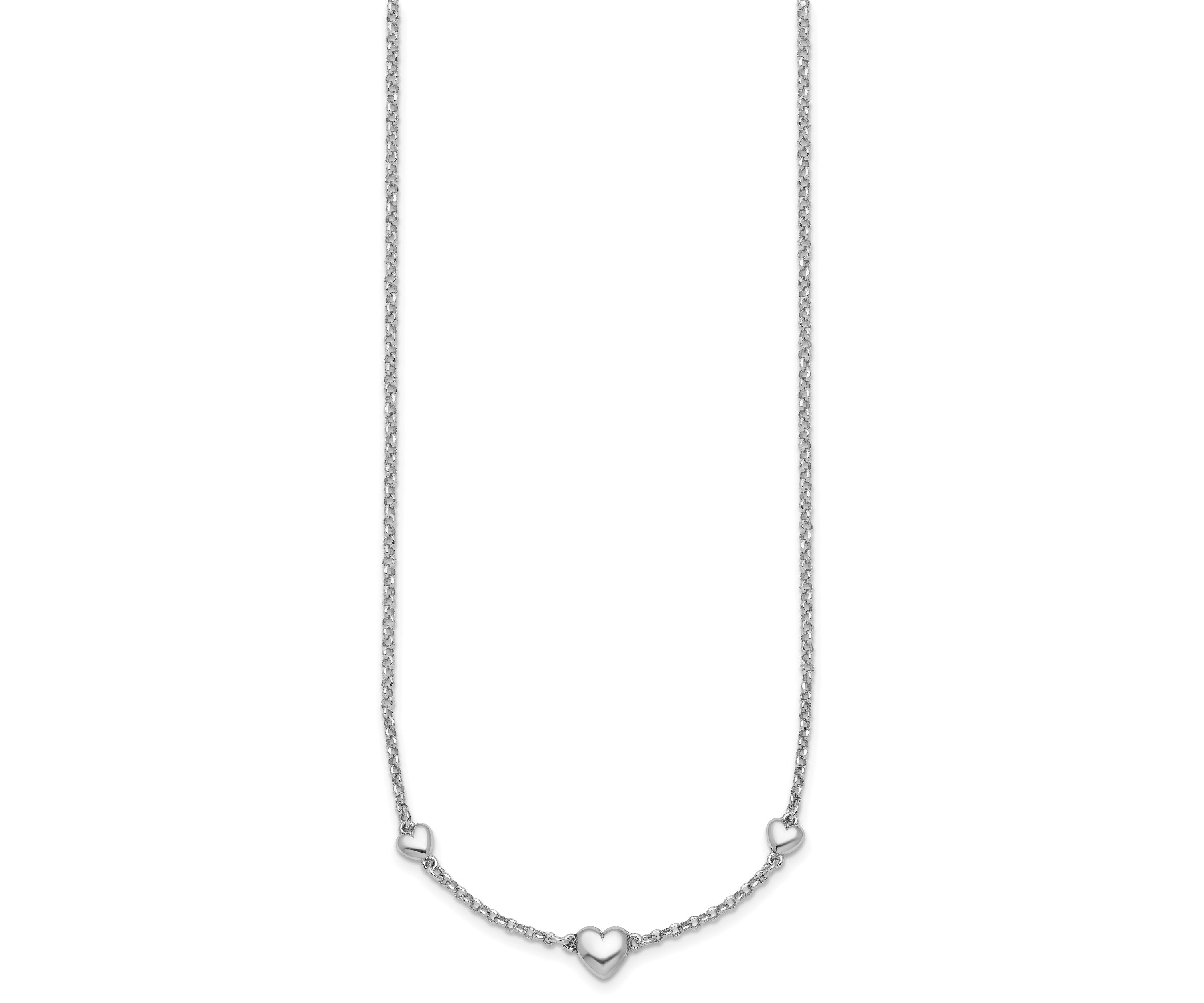 Sterling Silver Rhodium-plated Polished 3 Hearts 16-inch with 2-inch Extension Necklace