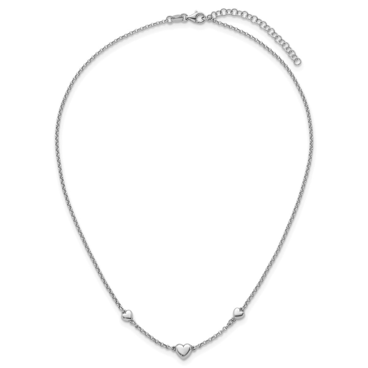 Sterling Silver Rhodium-plated Polished 3 Hearts 16-inch with 2-inch Extension Necklace