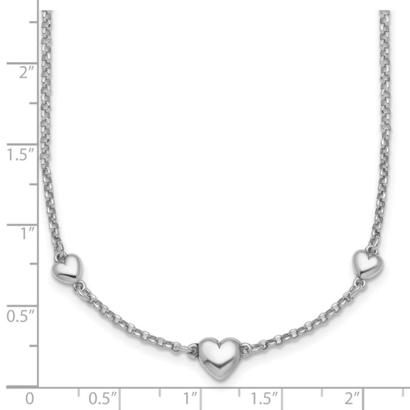 Sterling Silver Rhodium-plated Polished 3 Hearts 16-inch with 2-inch Extension Necklace
