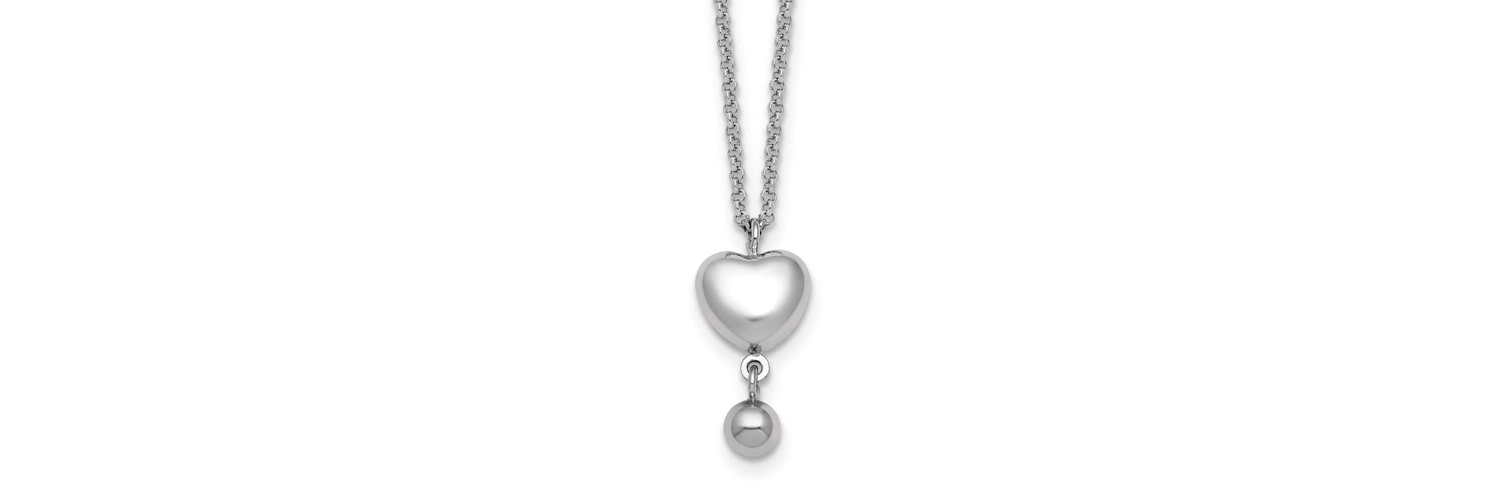 Sterling Silver Rhodium-plated Polished Heart/Ball Dangle 16-inch with 1-inch Extension Necklace