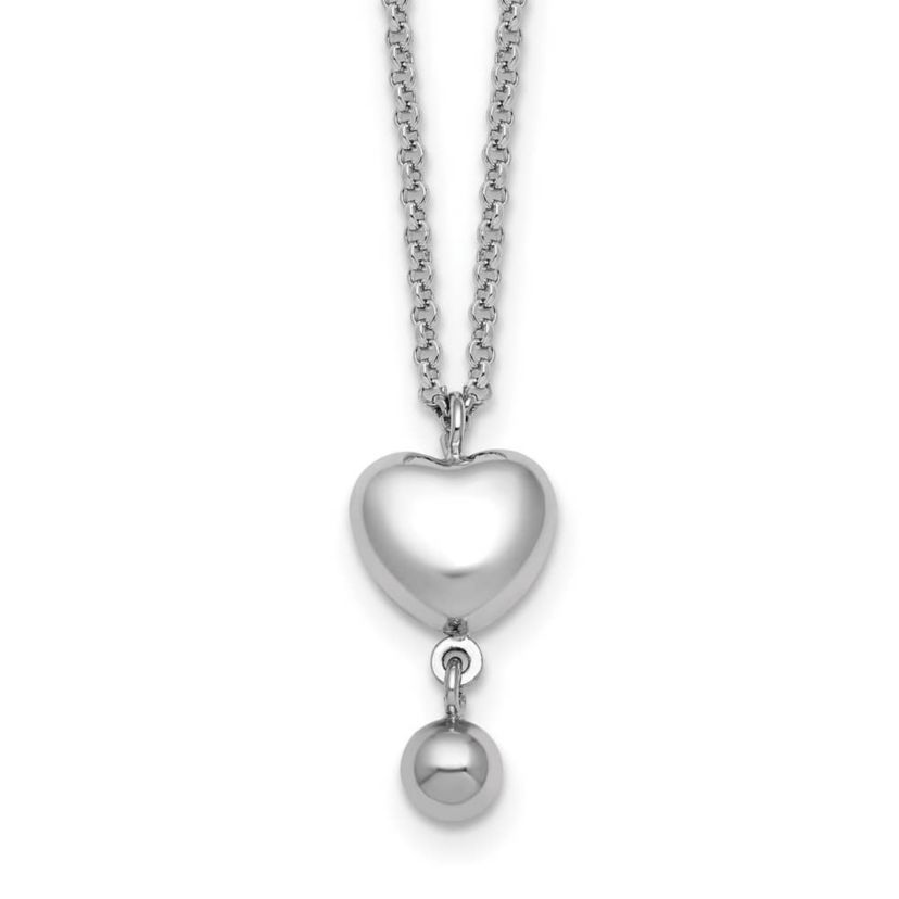 Sterling Silver Rhodium-plated Polished Heart/Ball Dangle 16-inch with 1-inch Extension Necklace