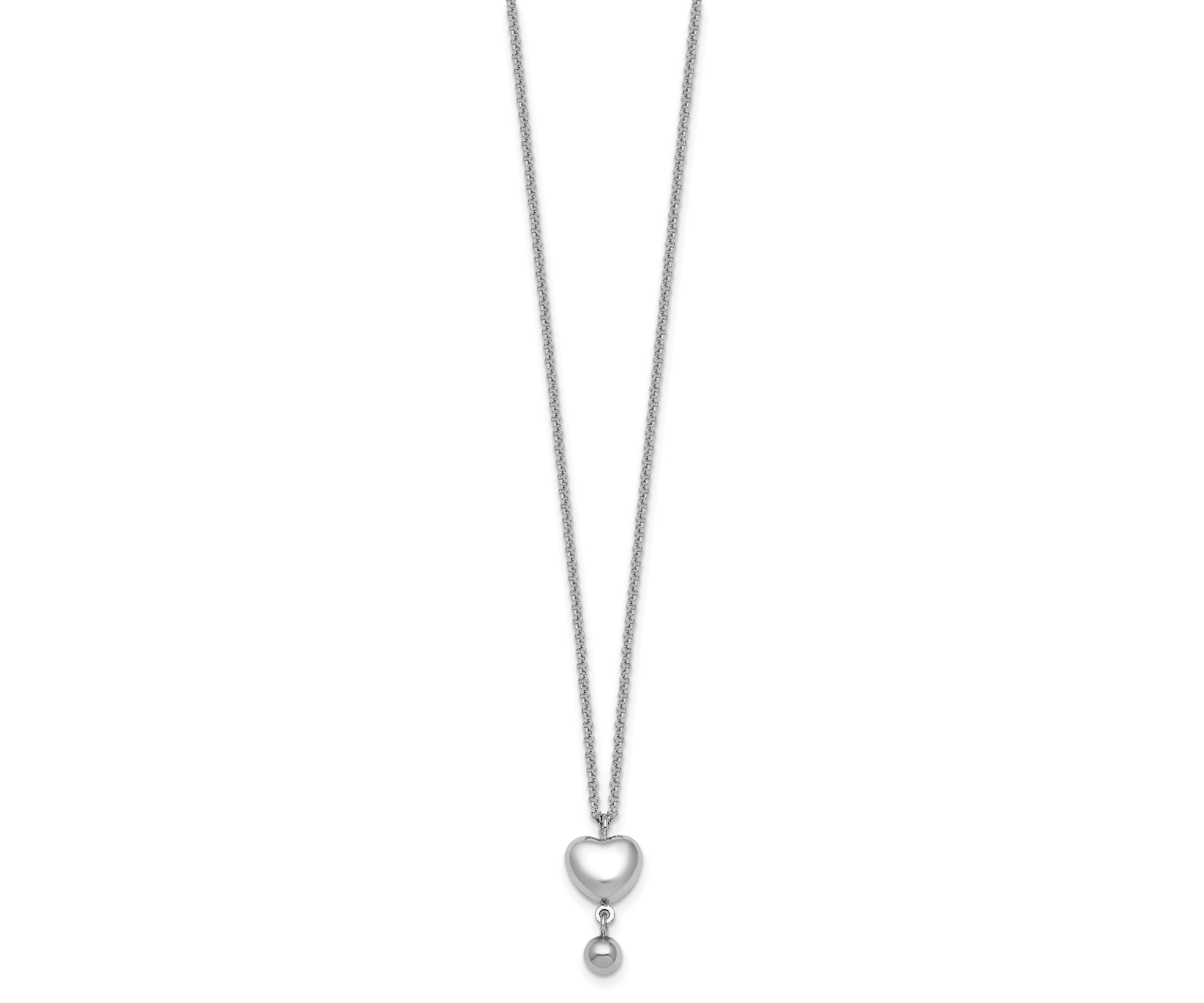 Sterling Silver Rhodium-plated Polished Heart/Ball Dangle 16-inch with 1-inch Extension Necklace
