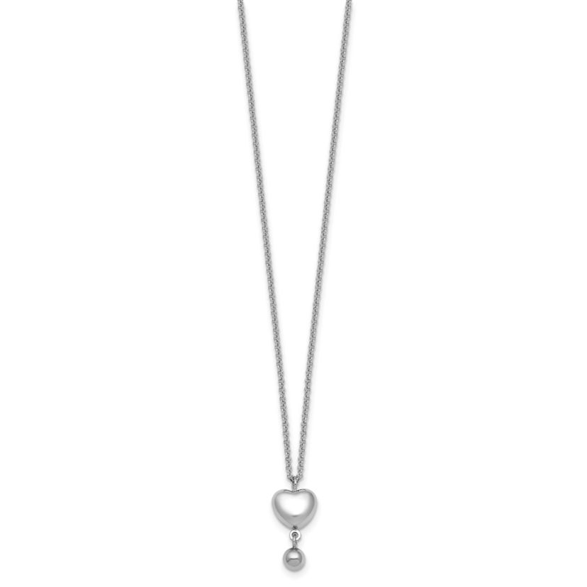 Sterling Silver Rhodium-plated Polished Heart/Ball Dangle 16-inch with 1-inch Extension Necklace