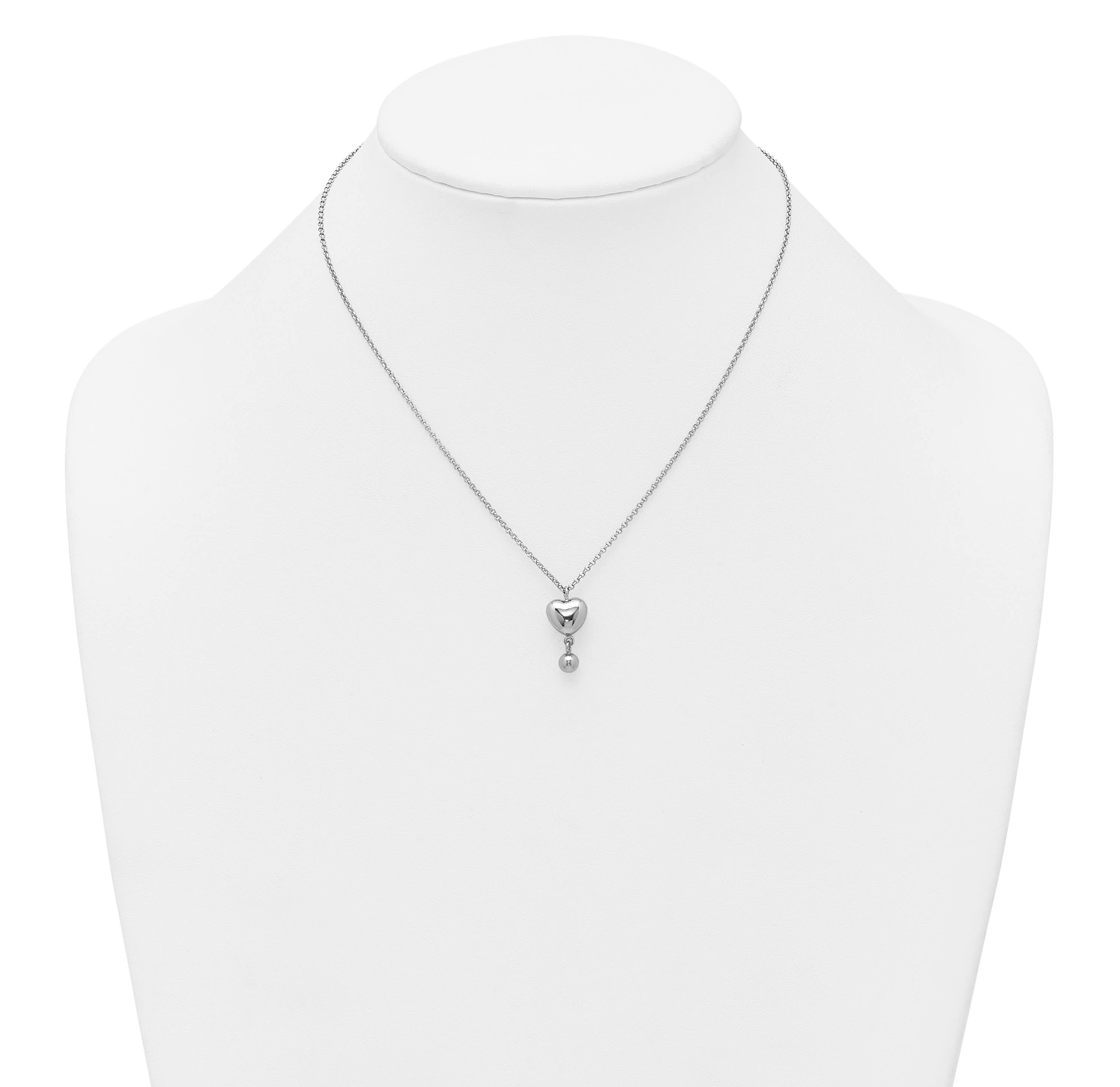 Sterling Silver Rhodium-plated Polished Heart/Ball Dangle 16-inch with 1-inch Extension Necklace