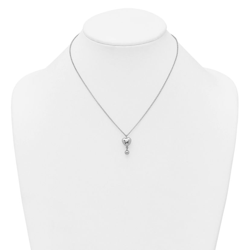 Sterling Silver Rhodium-plated Polished Heart/Ball Dangle 16-inch with 1-inch Extension Necklace