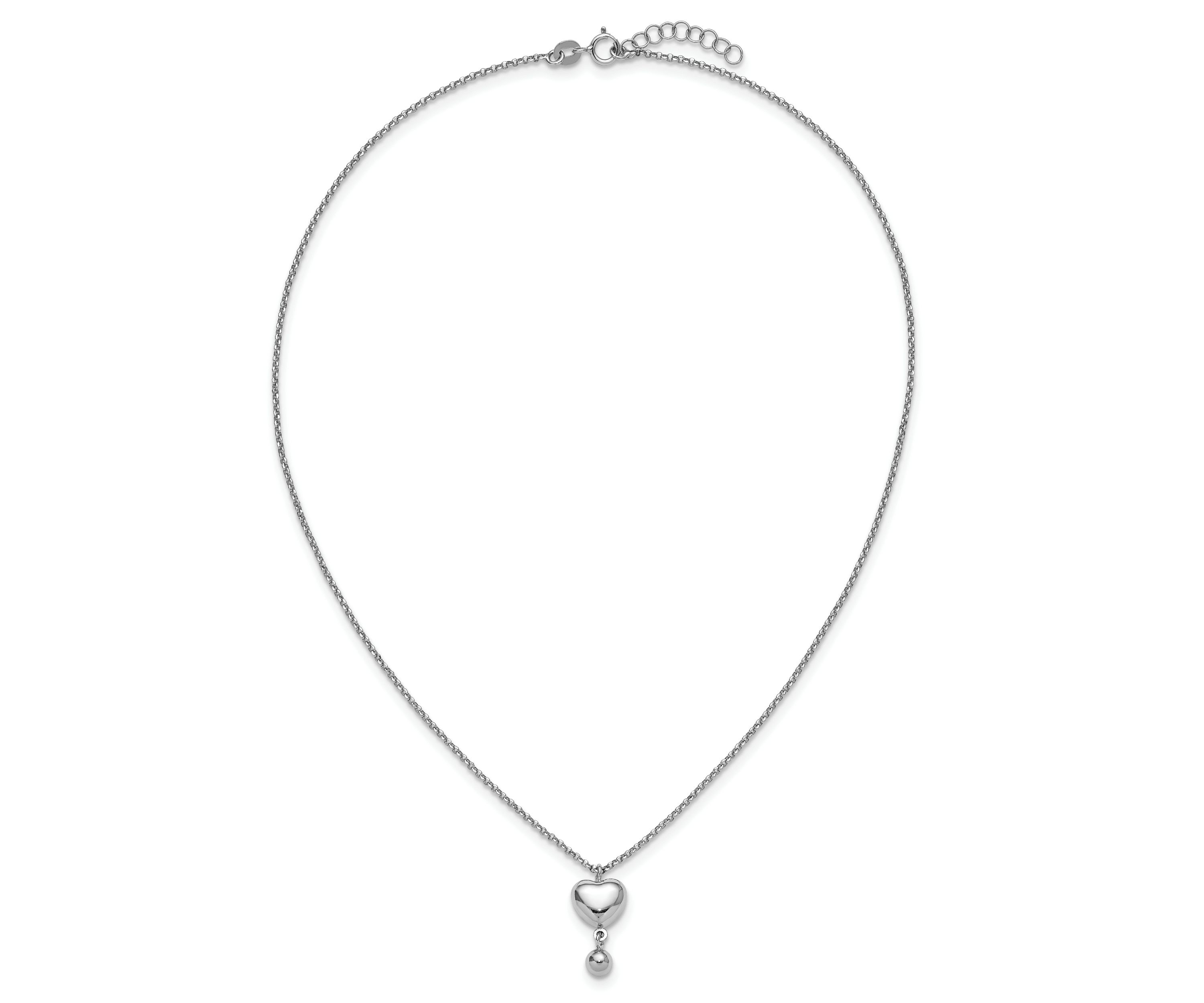 Sterling Silver Rhodium-plated Polished Heart/Ball Dangle 16-inch with 1-inch Extension Necklace
