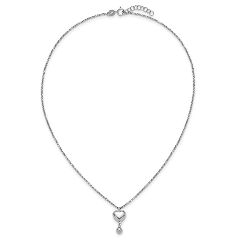 Sterling Silver Rhodium-plated Polished Heart/Ball Dangle 16-inch with 1-inch Extension Necklace