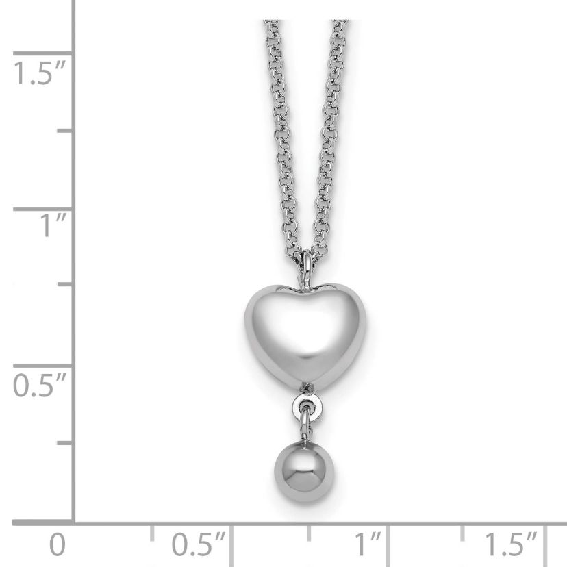 Sterling Silver Rhodium-plated Polished Heart/Ball Dangle 16-inch with 1-inch Extension Necklace