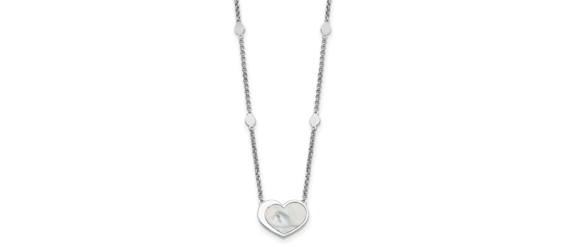 Sterling Silver Rhodium-plated Mother of Pearl Heart 16-inch with 1-inch Extension Necklace