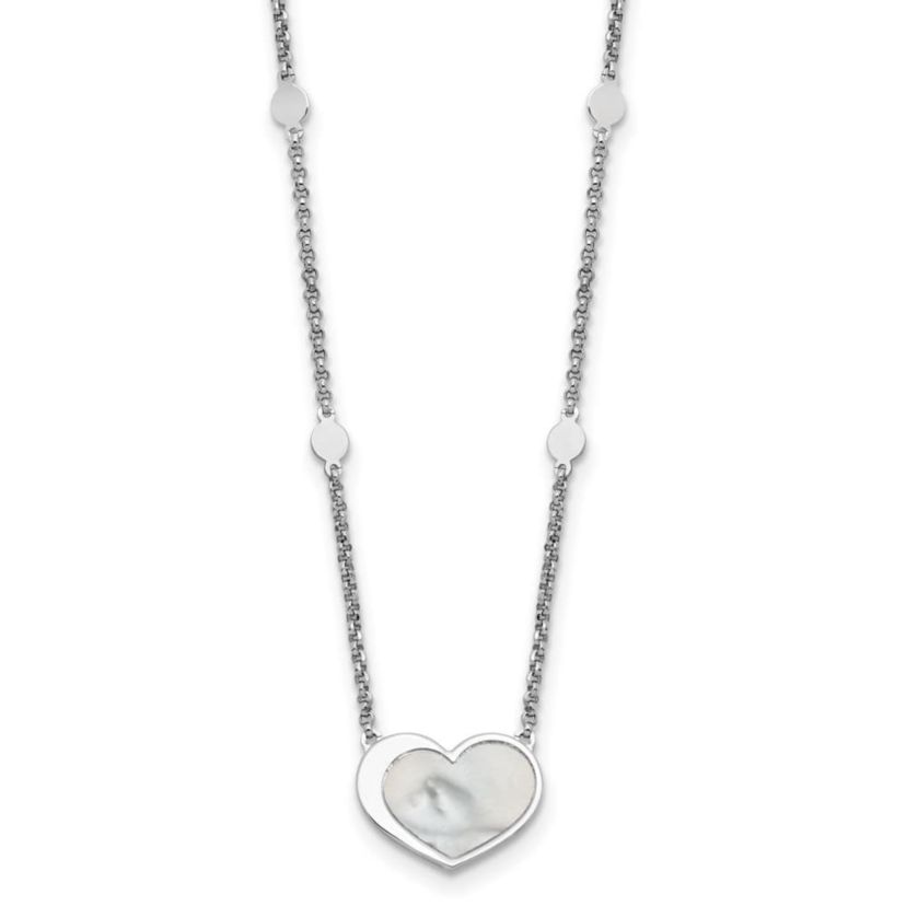 Sterling Silver Rhodium-plated Mother of Pearl Heart 16-inch with 1-inch Extension Necklace