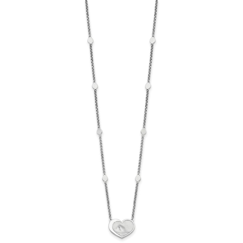 Sterling Silver Rhodium-plated Mother of Pearl Heart 16-inch with 1-inch Extension Necklace
