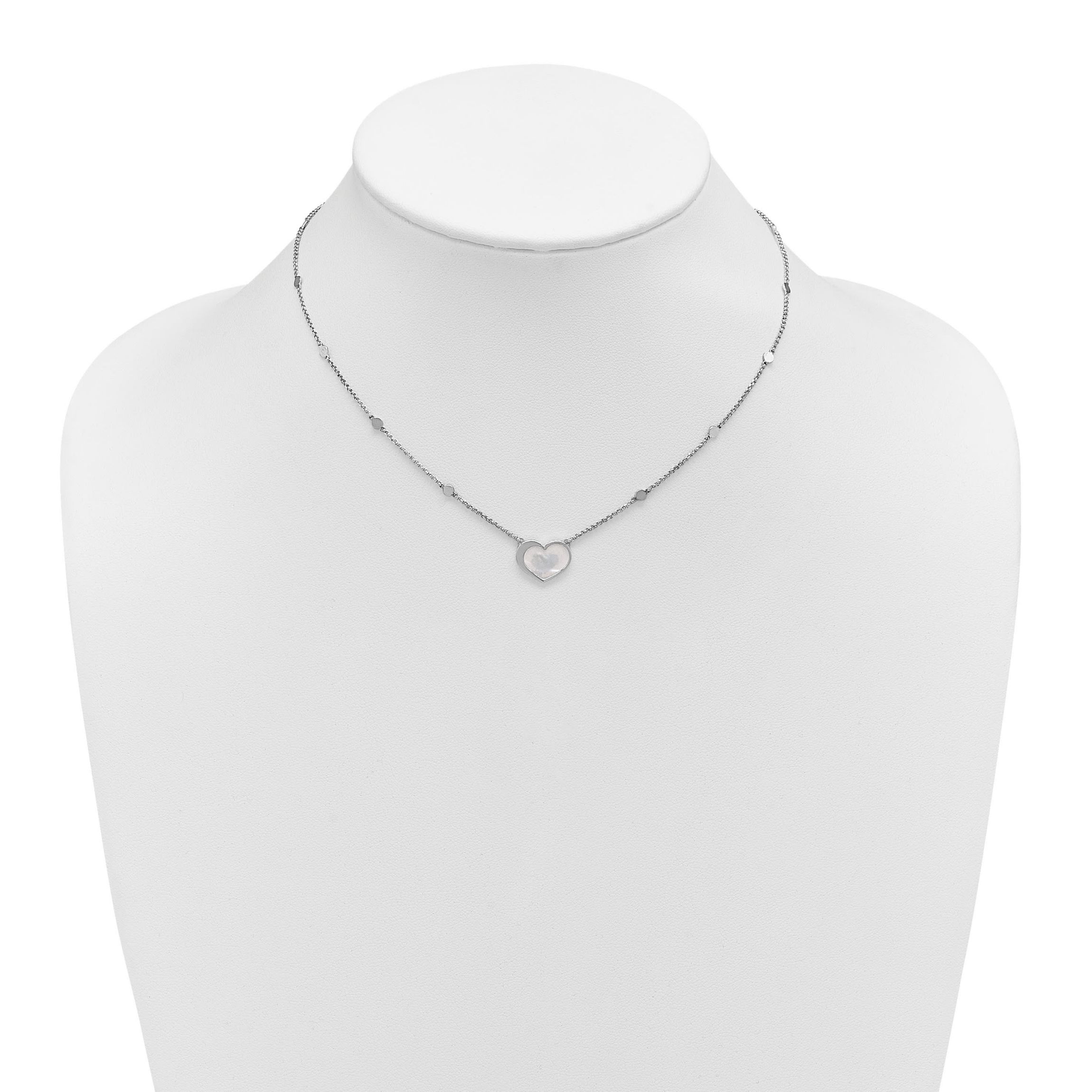 Sterling Silver Rhodium-plated Mother of Pearl Heart 16-inch with 1-inch Extension Necklace