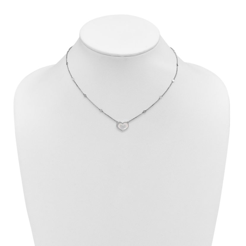 Sterling Silver Rhodium-plated Mother of Pearl Heart 16-inch with 1-inch Extension Necklace