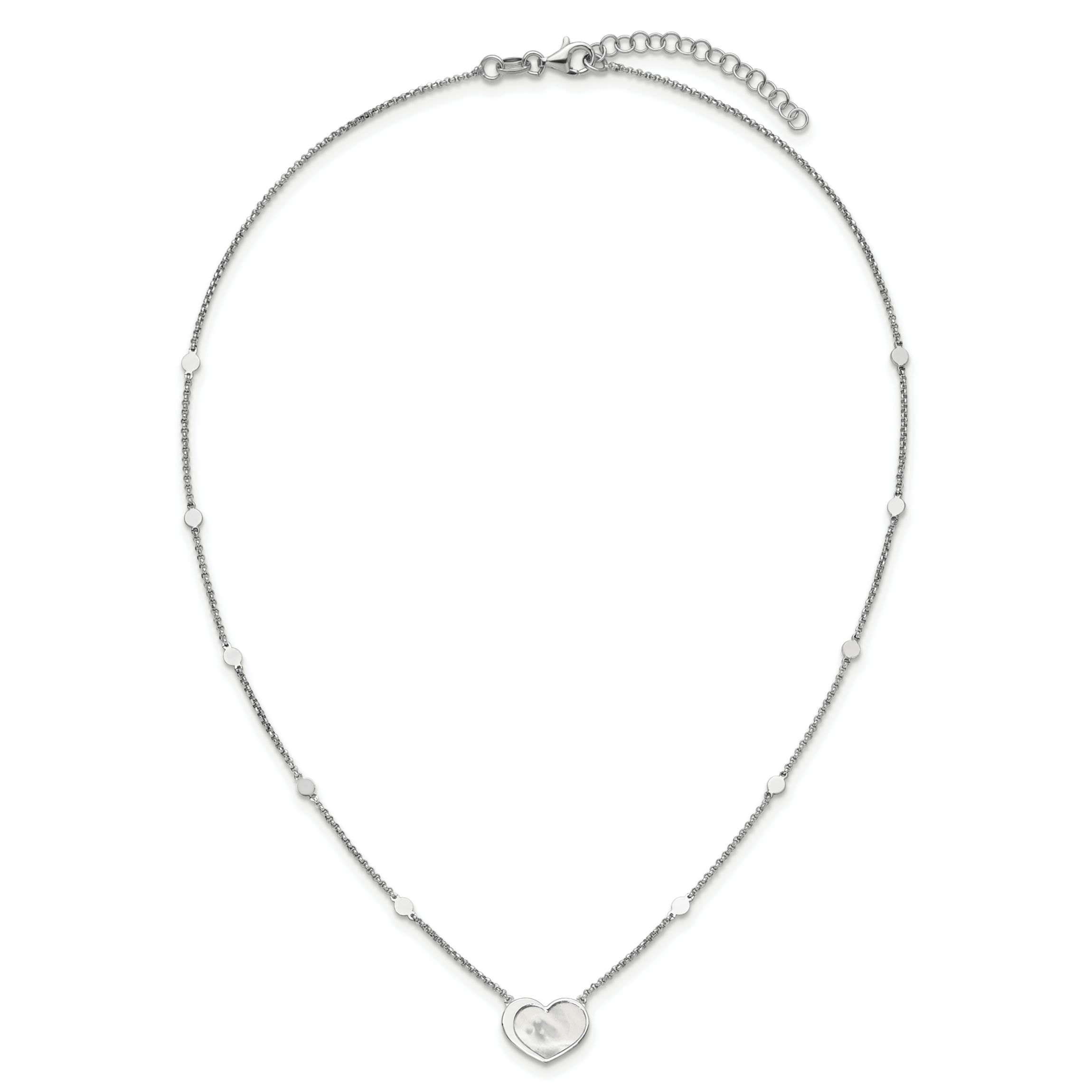 Sterling Silver Rhodium-plated Mother of Pearl Heart 16-inch with 1-inch Extension Necklace