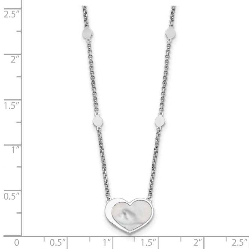 Sterling Silver Rhodium-plated Mother of Pearl Heart 16-inch with 1-inch Extension Necklace
