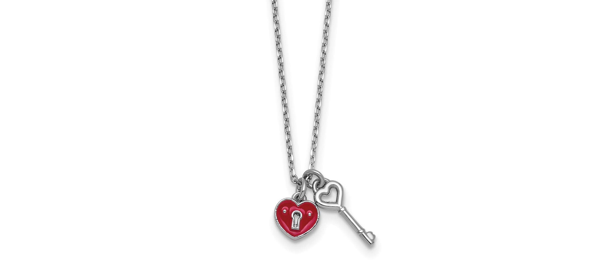 Sterling Silver Rhodium-plated Enamel Heart Lock with Key 16-inch with 1-inch Extension Necklace
