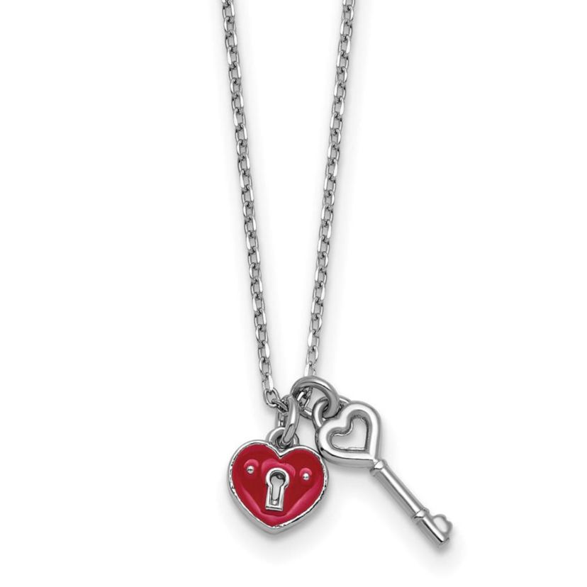 Sterling Silver Rhodium-plated Enamel Heart Lock with Key 16-inch with 1-inch Extension Necklace