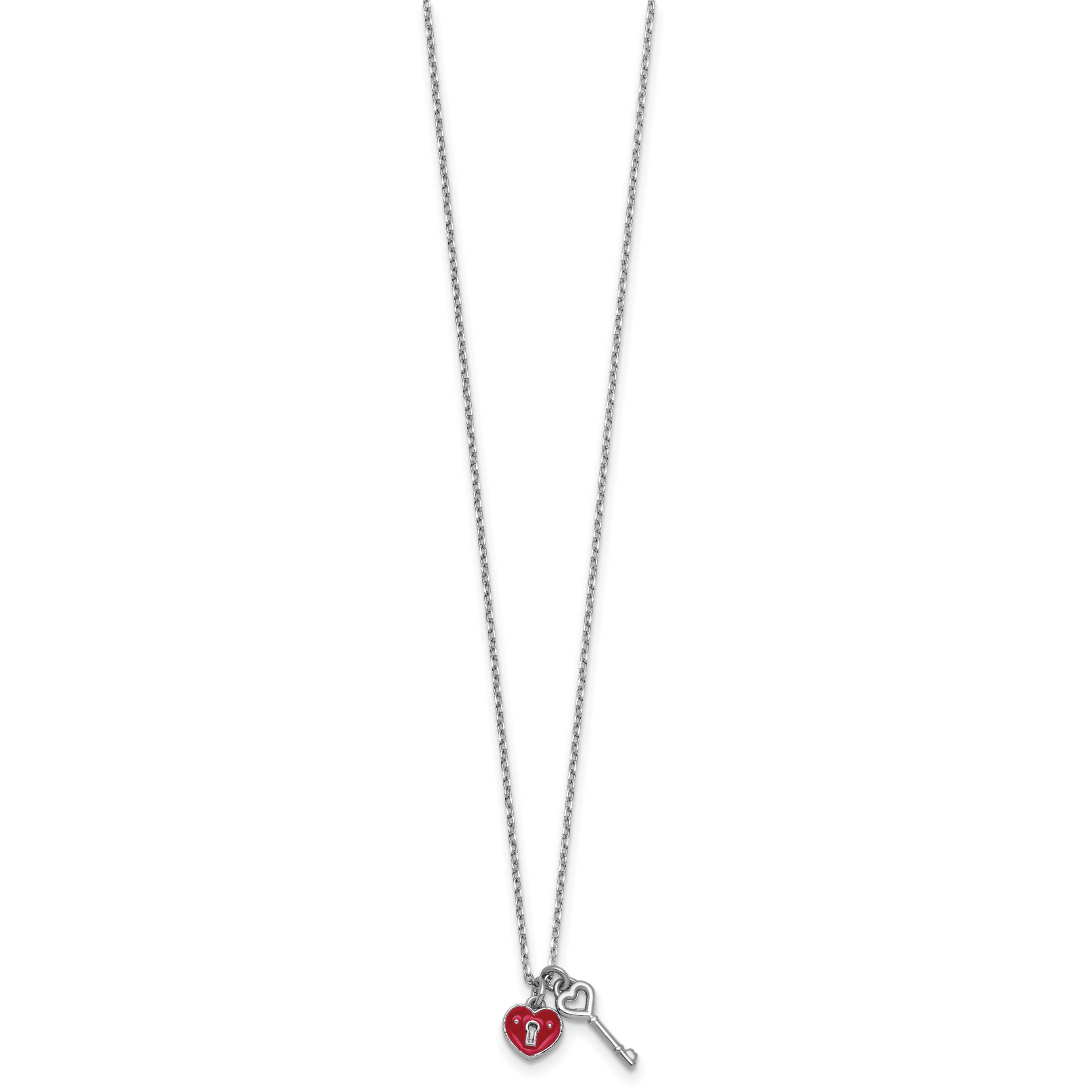 Sterling Silver Rhodium-plated Enamel Heart Lock with Key 16-inch with 1-inch Extension Necklace