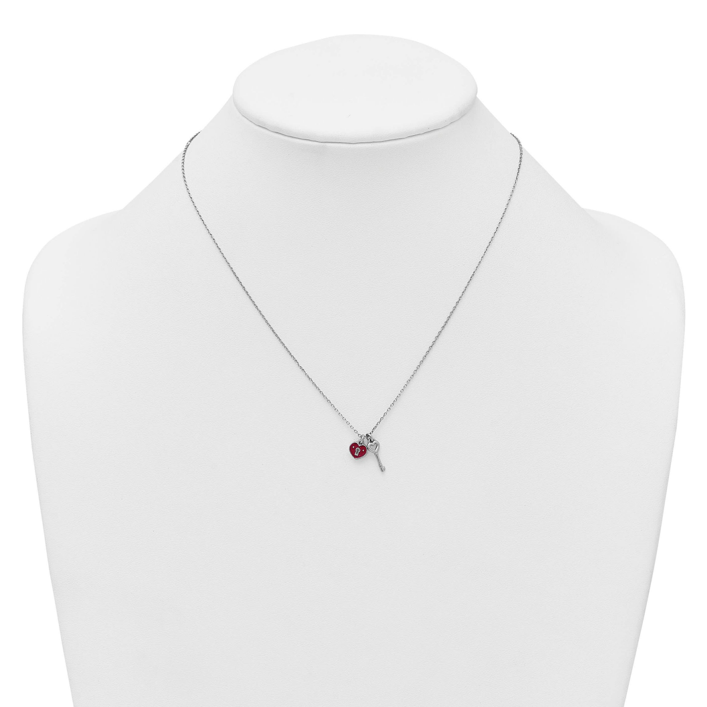 Sterling Silver Rhodium-plated Enamel Heart Lock with Key 16-inch with 1-inch Extension Necklace