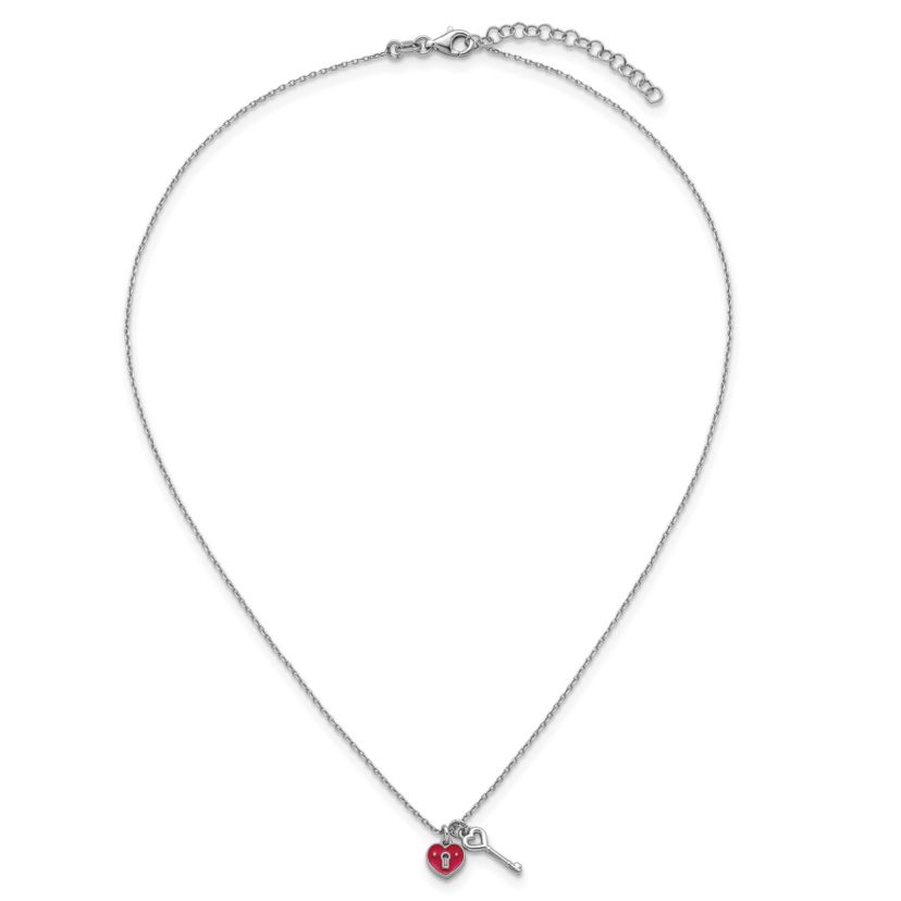 Sterling Silver Rhodium-plated Enamel Heart Lock with Key 16-inch with 1-inch Extension Necklace