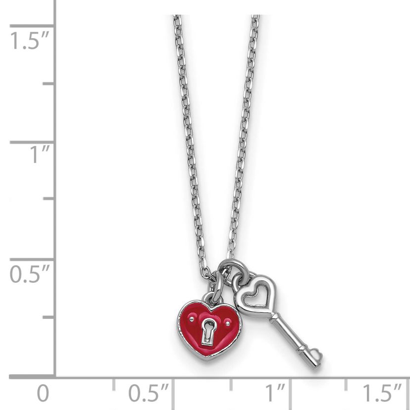 Sterling Silver Rhodium-plated Enamel Heart Lock with Key 16-inch with 1-inch Extension Necklace