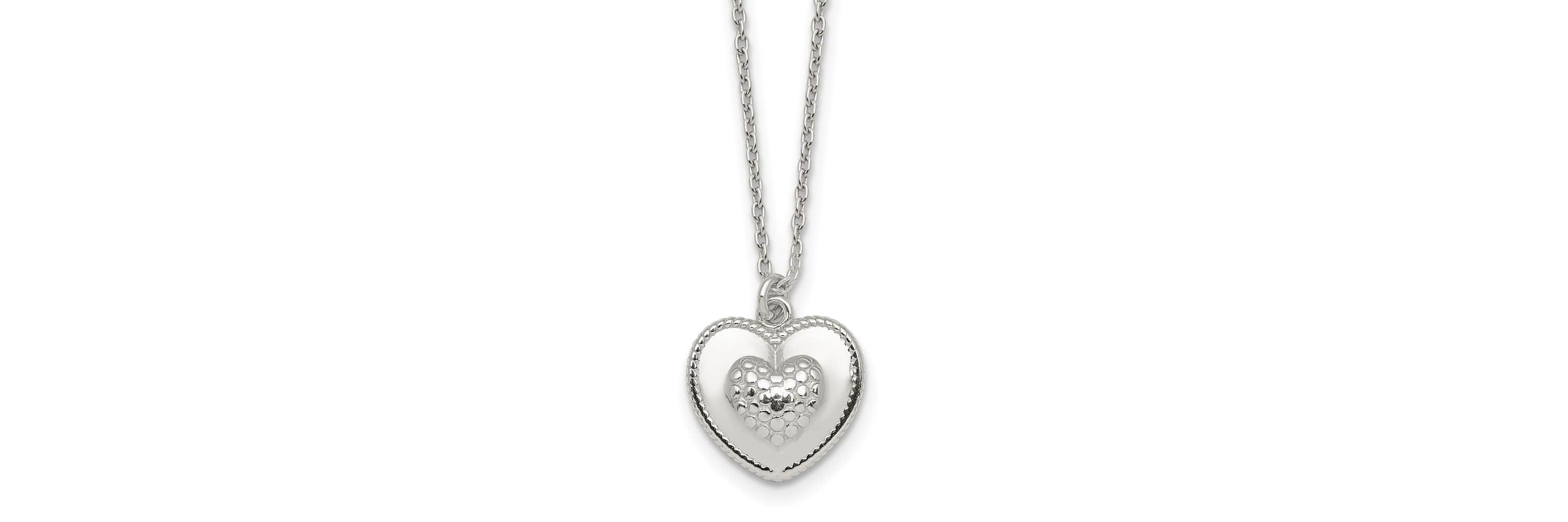Sterling Silver Polished and Textured Heart with 2-inch Extension Necklace