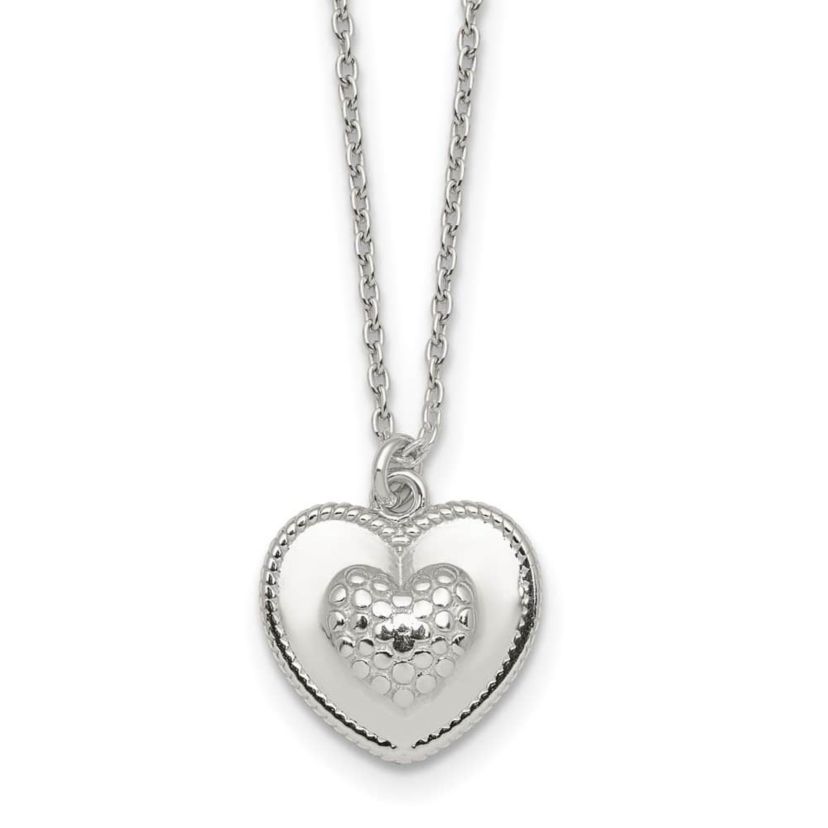 Sterling Silver Polished and Textured Heart with 2-inch Extension Necklace