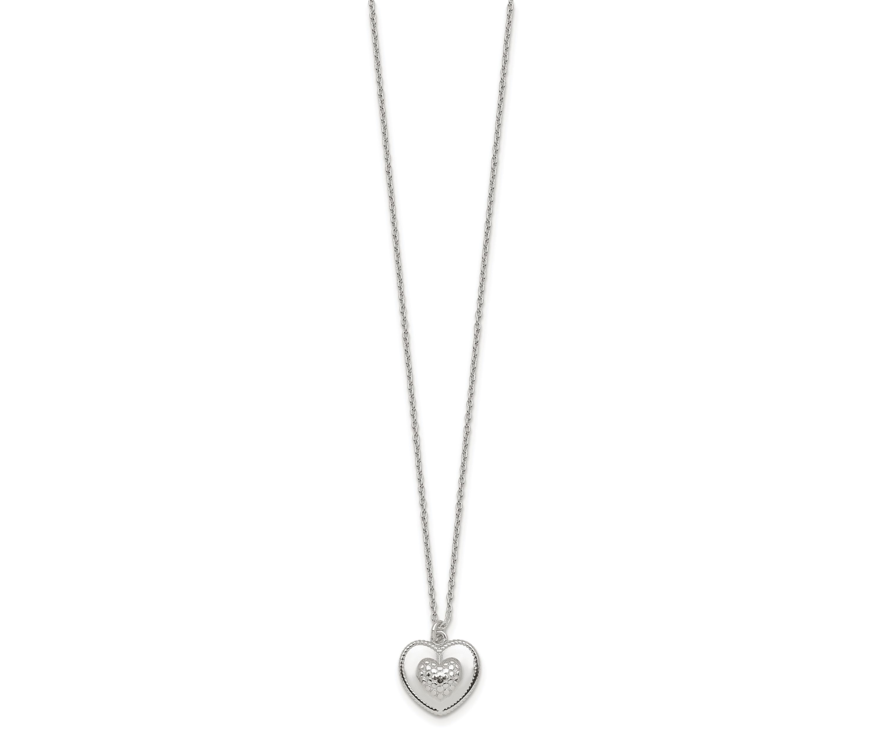 Sterling Silver Polished and Textured Heart with 2-inch Extension Necklace