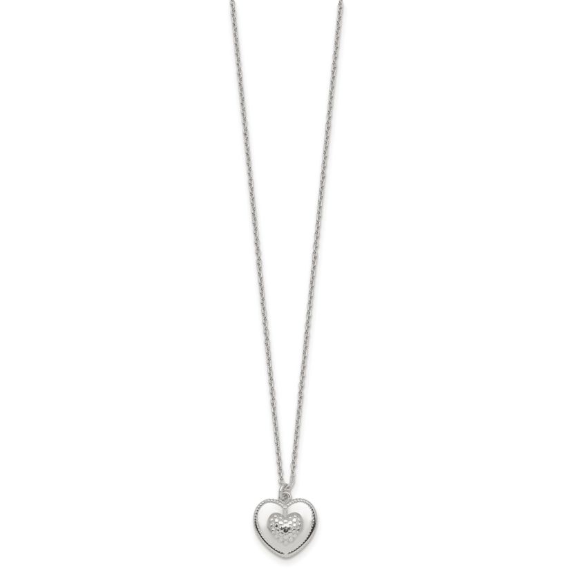 Sterling Silver Polished and Textured Heart with 2-inch Extension Necklace
