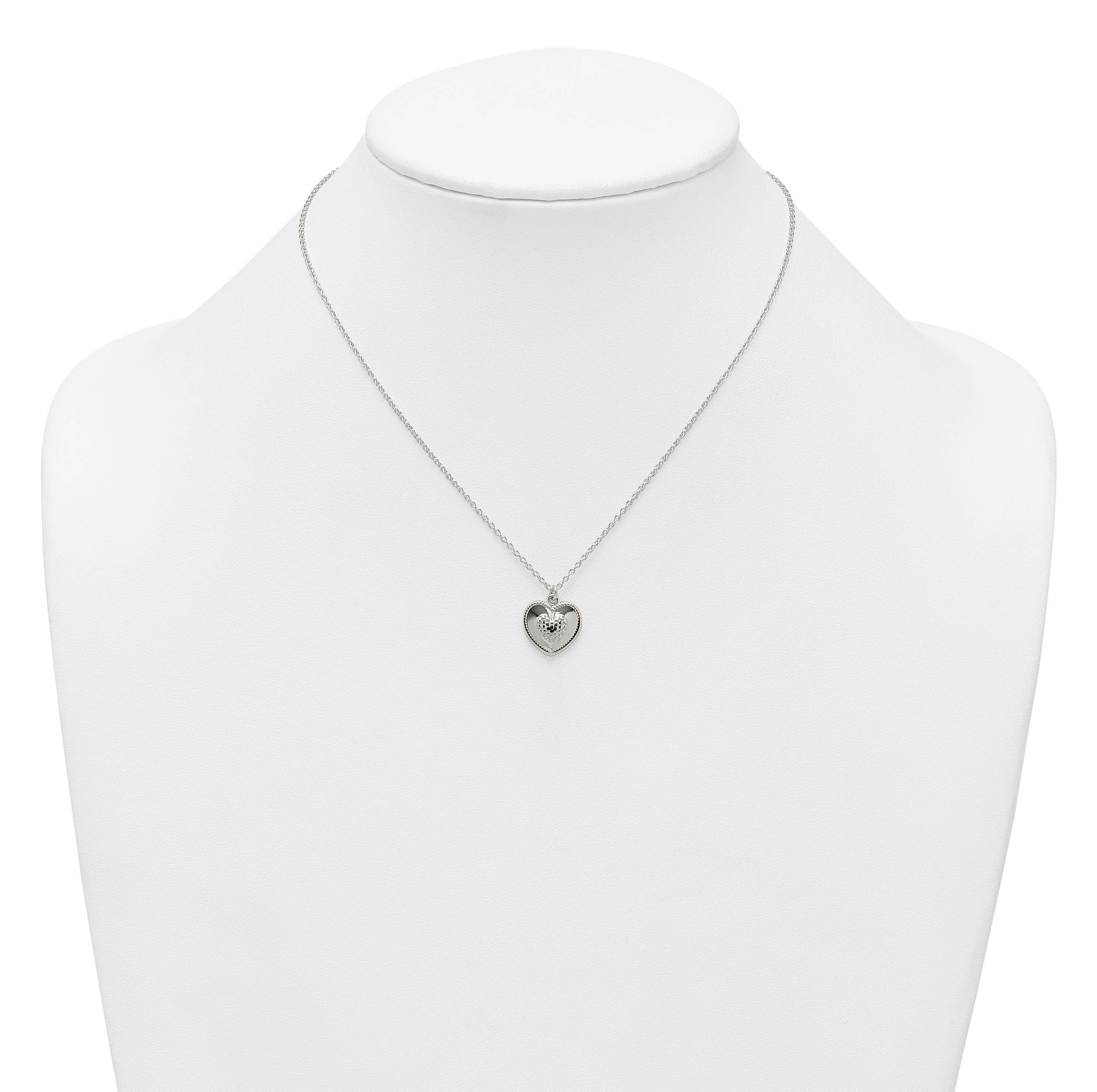 Sterling Silver Polished and Textured Heart with 2-inch Extension Necklace