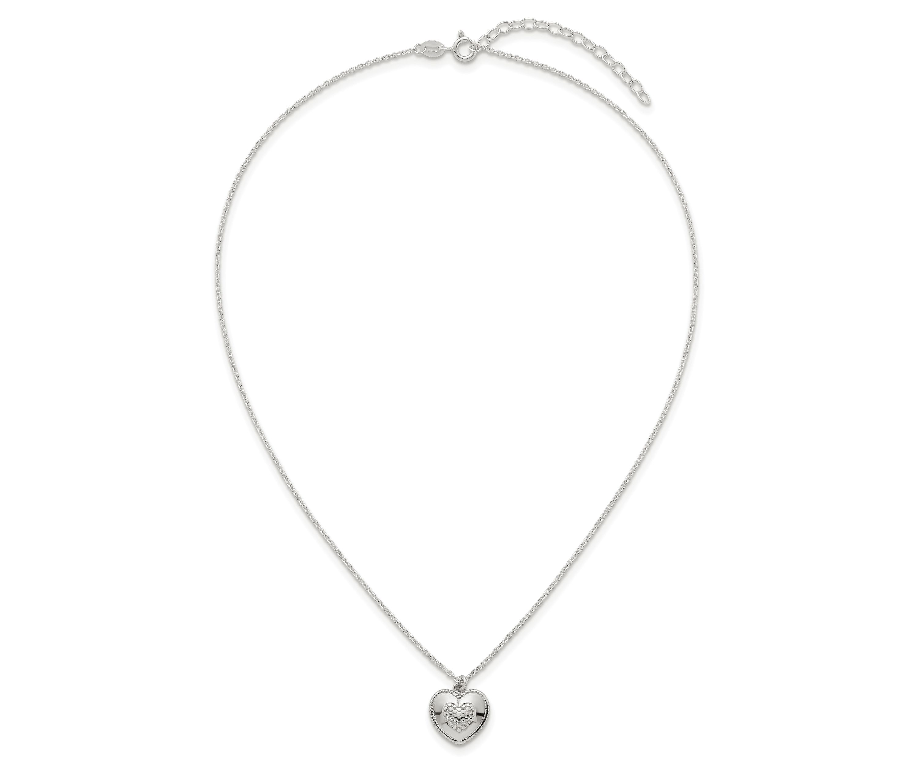 Sterling Silver Polished and Textured Heart with 2-inch Extension Necklace