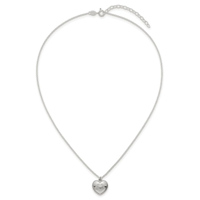 Sterling Silver Polished and Textured Heart with 2-inch Extension Necklace