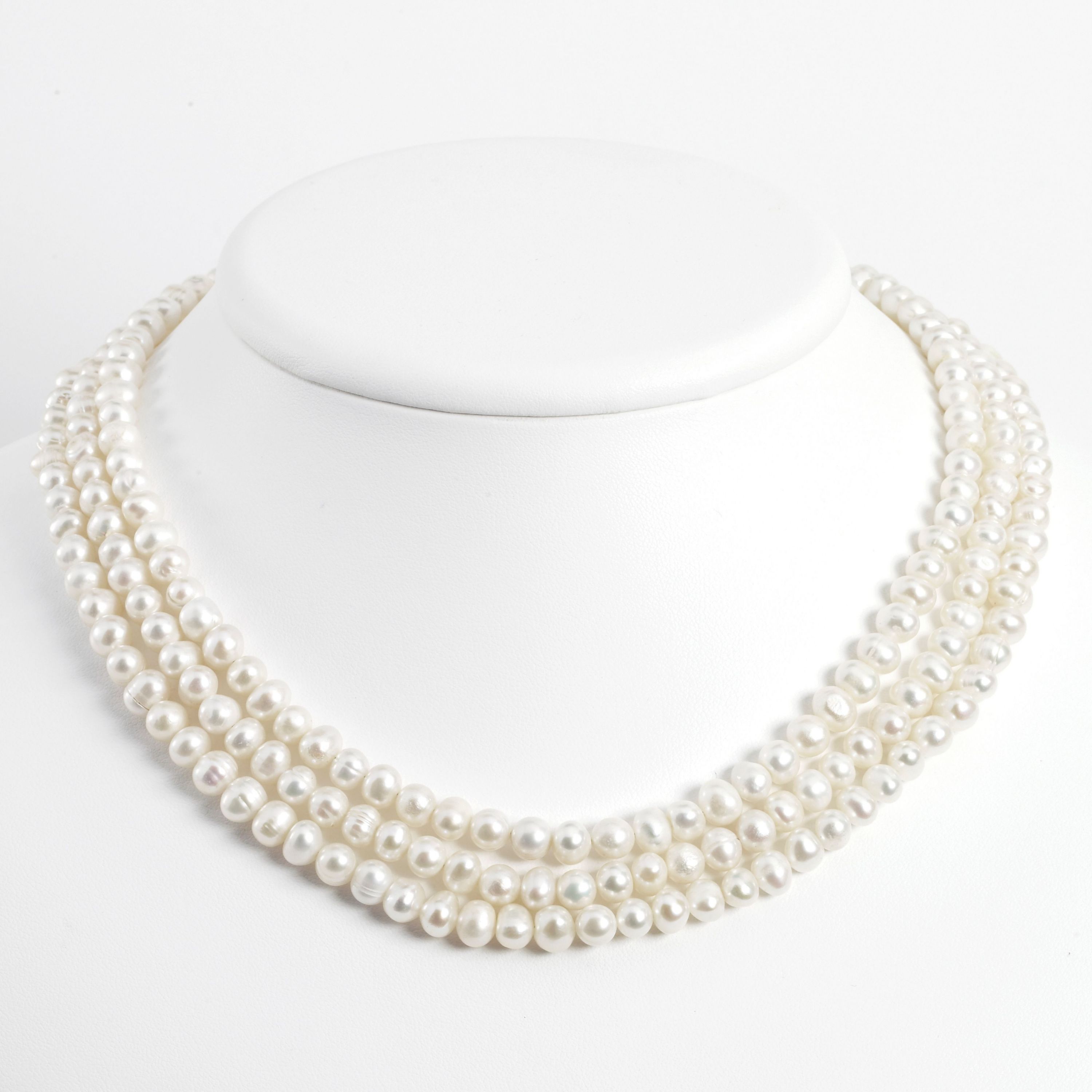 Sterling Silver Triple Strand White Freshwater Cultured Pearl Necklace