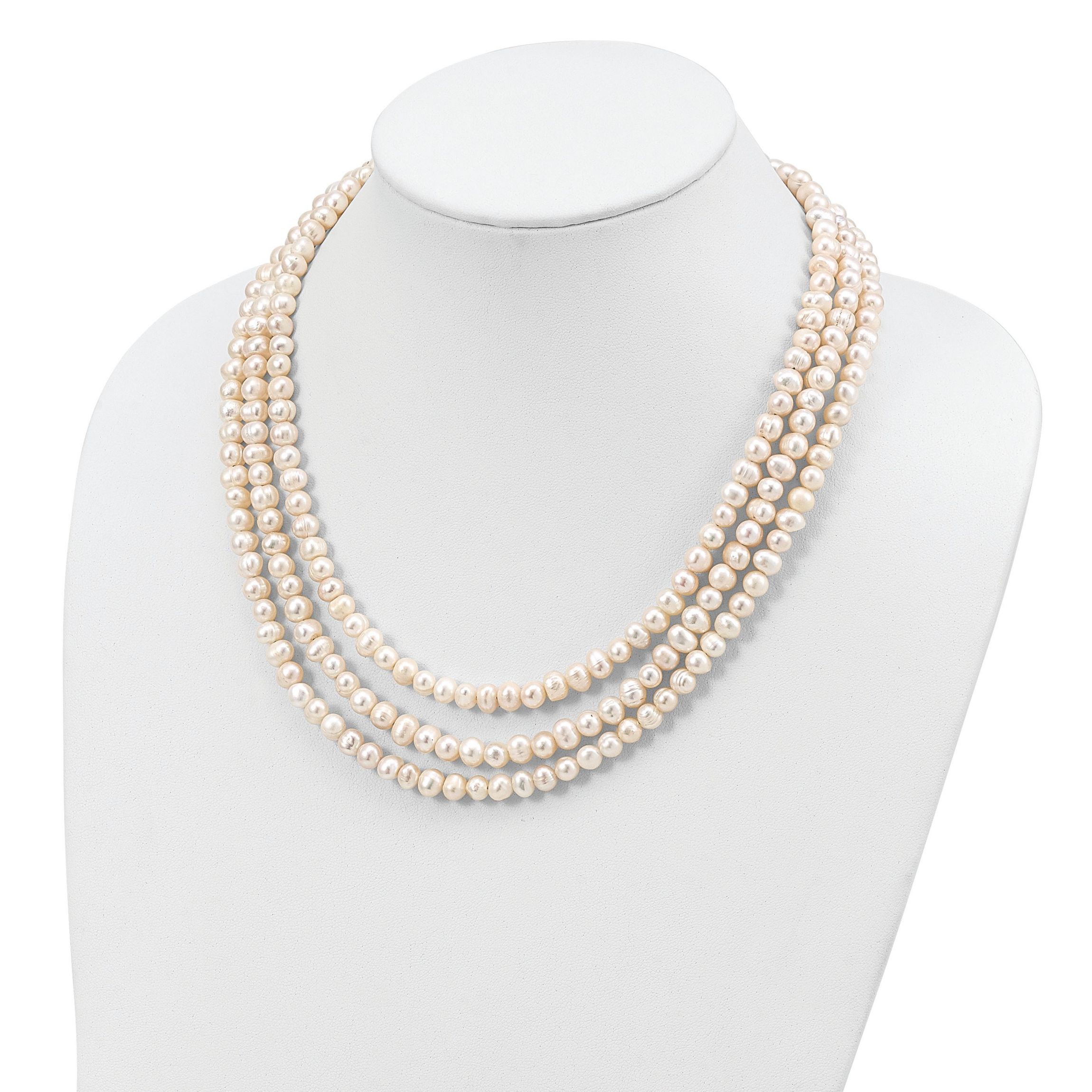 Sterling Silver Triple Strand White Freshwater Cultured Pearl Necklace