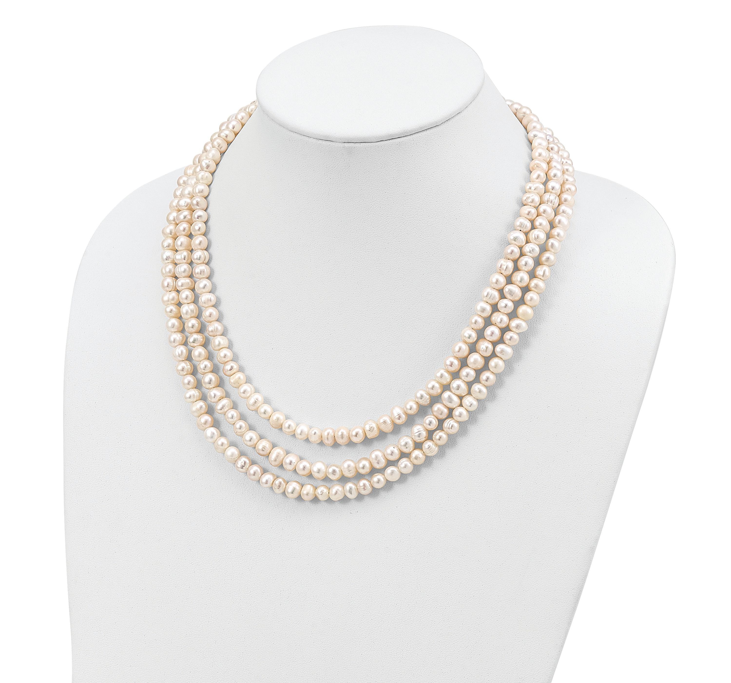 Sterling Silver Triple Strand White Freshwater Cultured Pearl Necklace