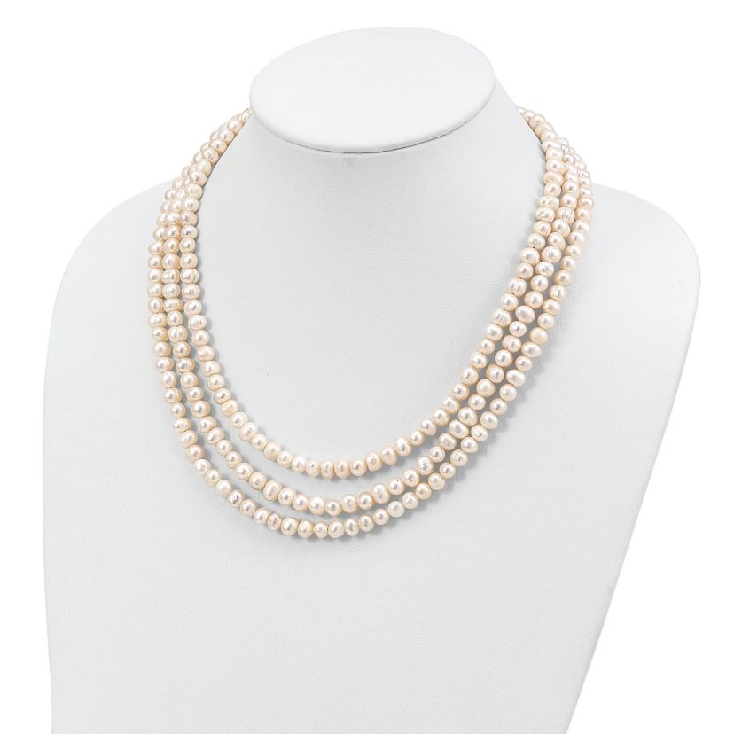 Sterling Silver Triple Strand White Freshwater Cultured Pearl Necklace